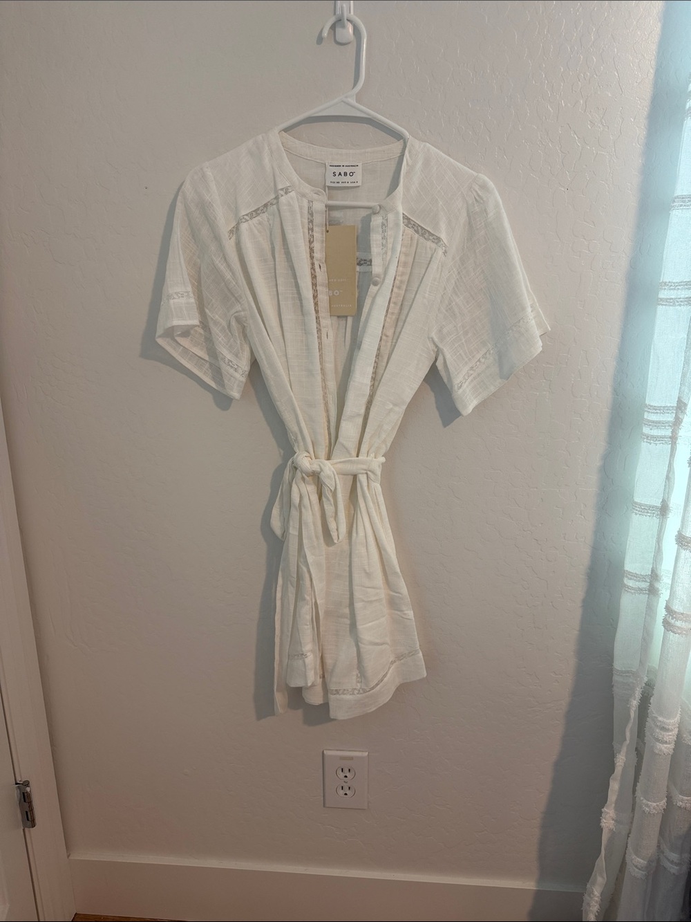 Sabo White Tie-Waist Mini Dress with Crochet Trim